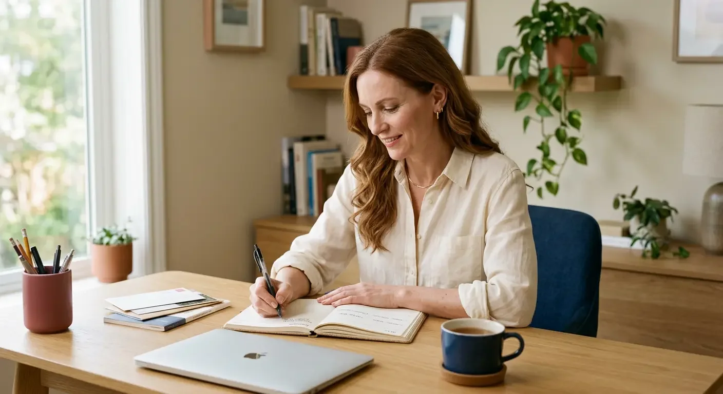 Woman in her late 40s scheduling preventive screening appointments in a planner after a Denver physician visit