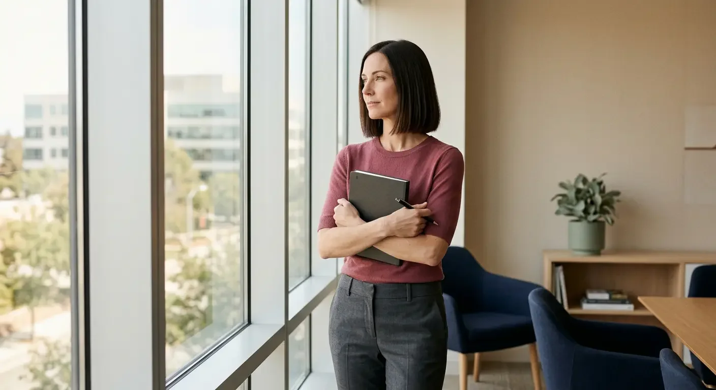 Woman in her early 40s pausing to gather a thought at work while experiencing perimenopause brain fog