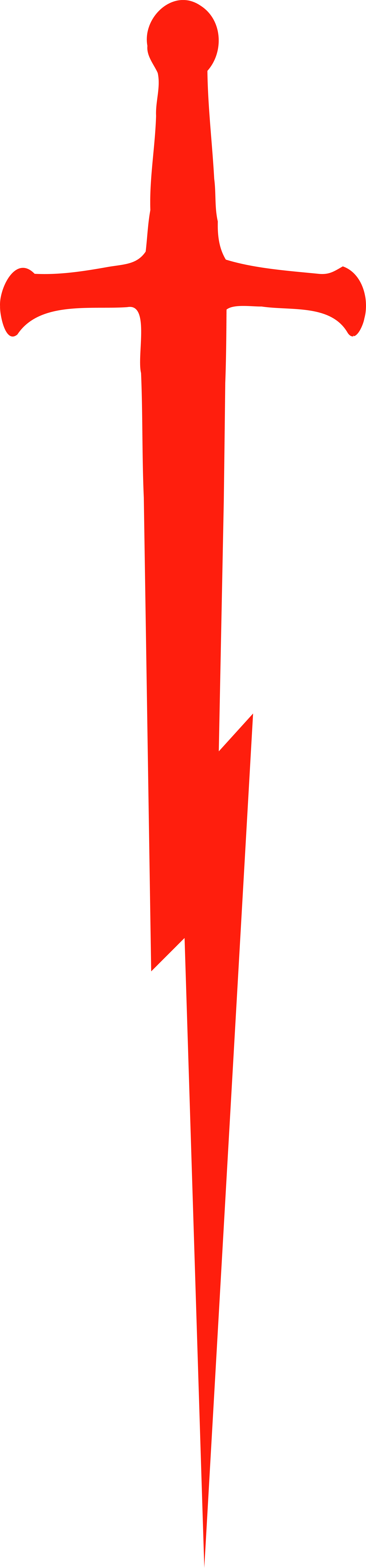 Red sword with a lightning bolt-shaped blade and a round handle, set against a black background.