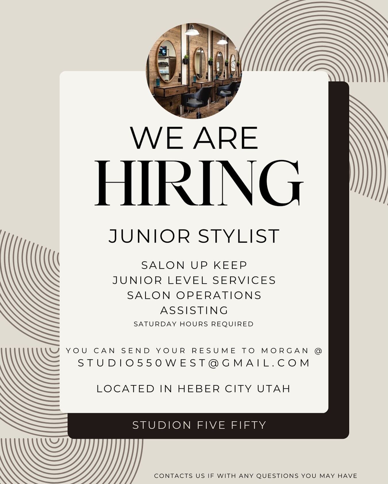 Join our team!! 

We are looking for a Junior Stylist to take junior level appointments, assist master stylists, help with salon upkeep, and salon operations!

We would love to hear from you! Message us with any questions you may have 🫶🏼

#utahhair