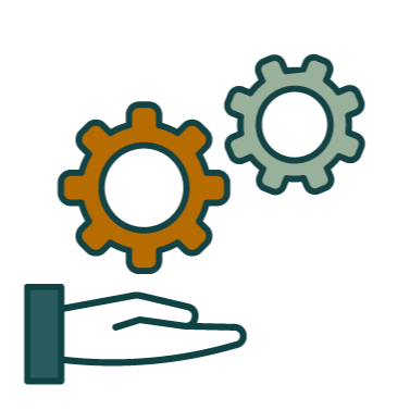 Illustration of a hand reaching out towards two gears, symbolizing concepts of work, machinery, or settings.