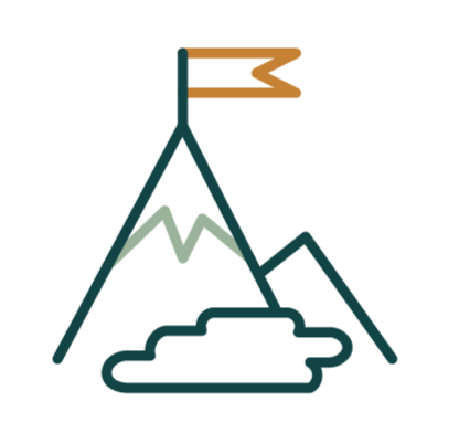 Illustration of a mountain with a flag at the summit, set against a cloudy sky.