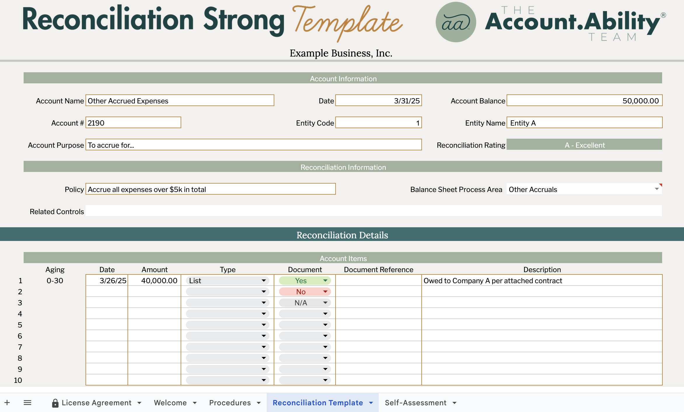 List Account Reconciliation Template with Self-Assessment Tool (Google Sheets)