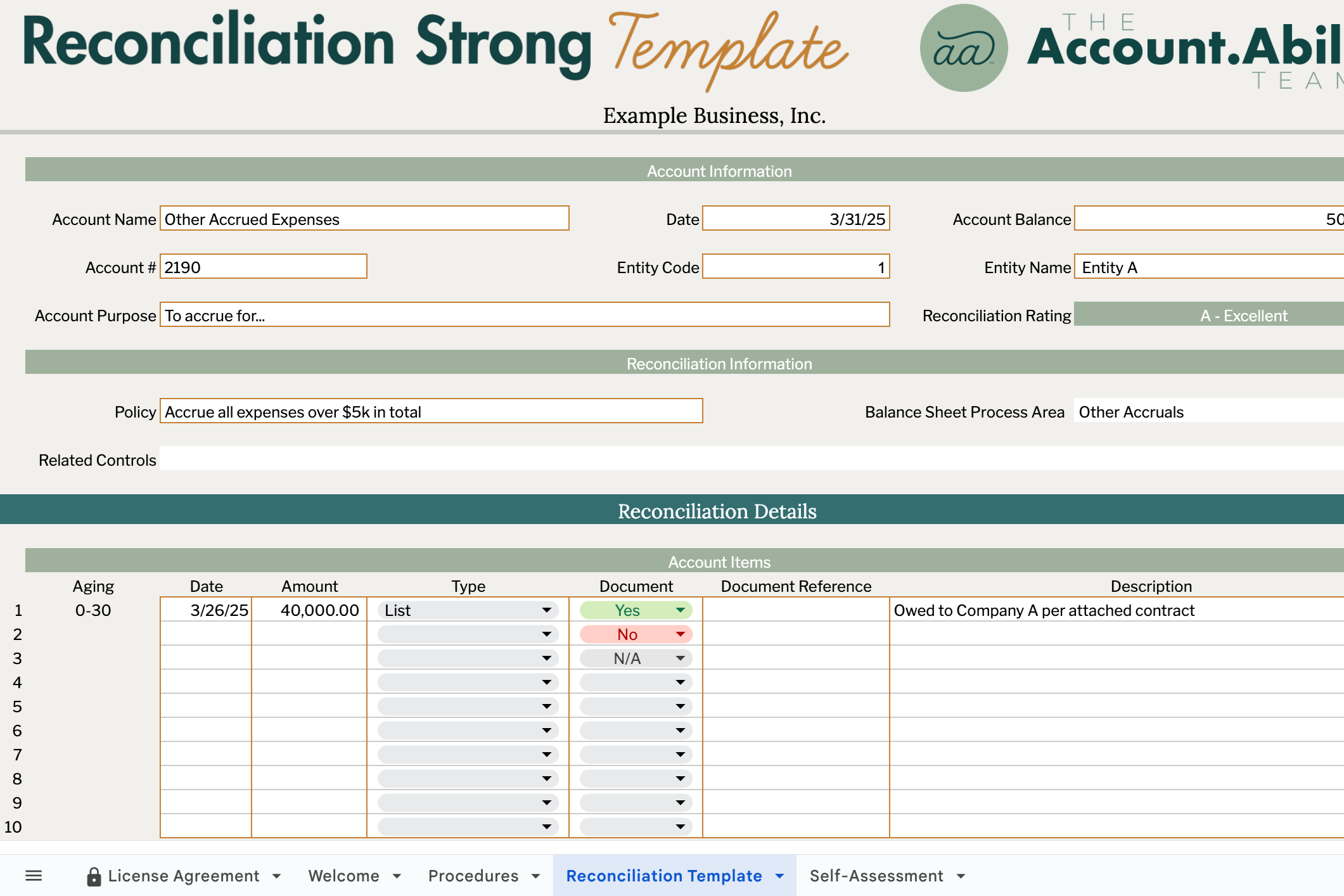 List Account Reconciliation Template with Self-Assessment Tool (Google Sheets)