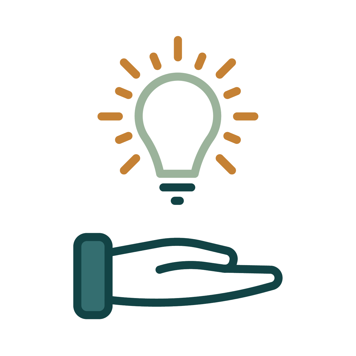 A stylized graphic of a hand holding a light bulb with radiating lines, symbolizing an idea or inspiration.