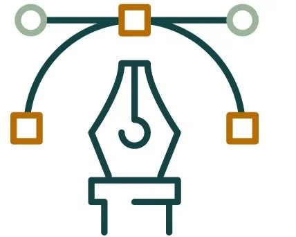 A graphic illustration of a pen nib with a stylized digital design, including connecting lines and squares, representing creativity and technology.