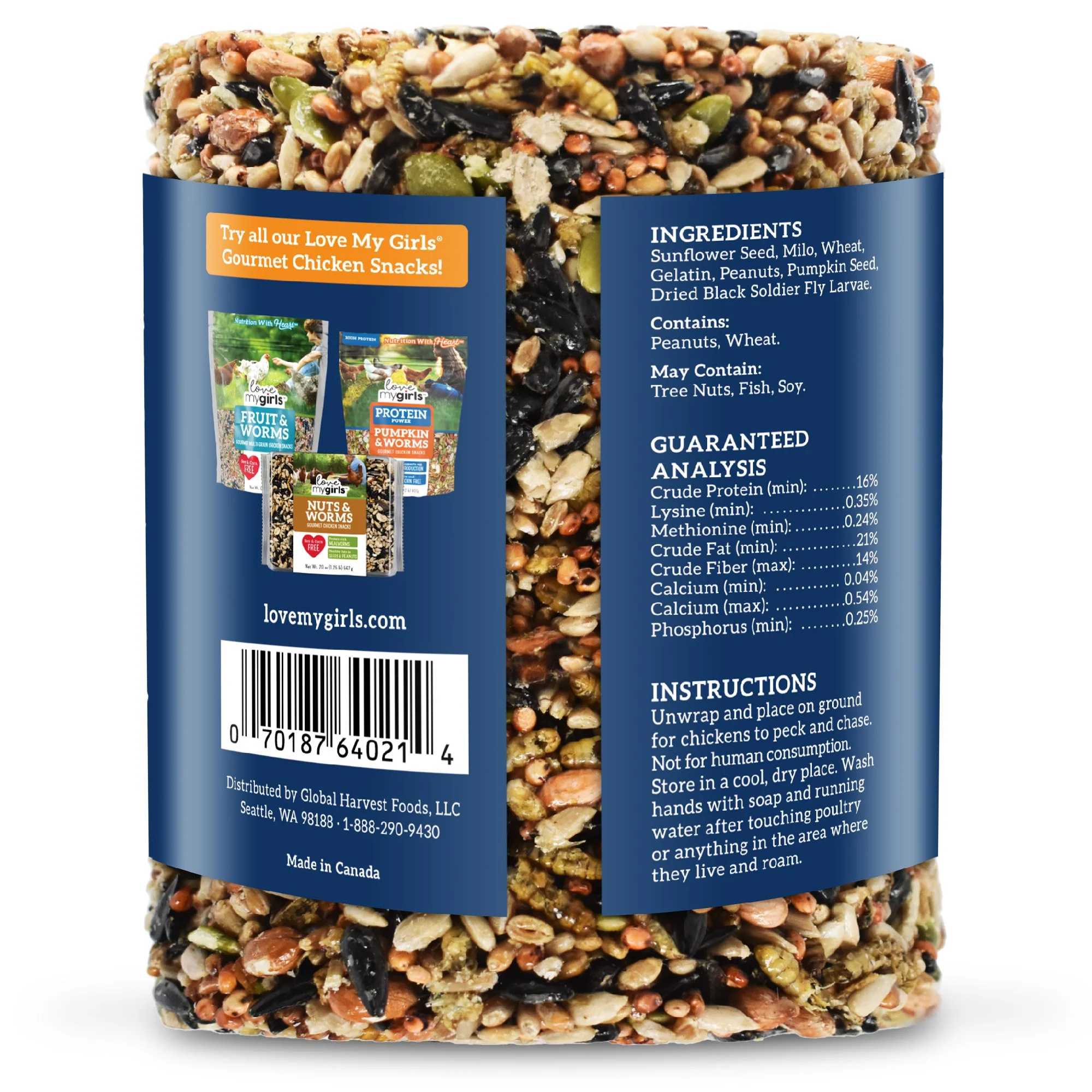 Back of Love My Girls® Peck’n Roll treat bag showing ingredients and nutrition