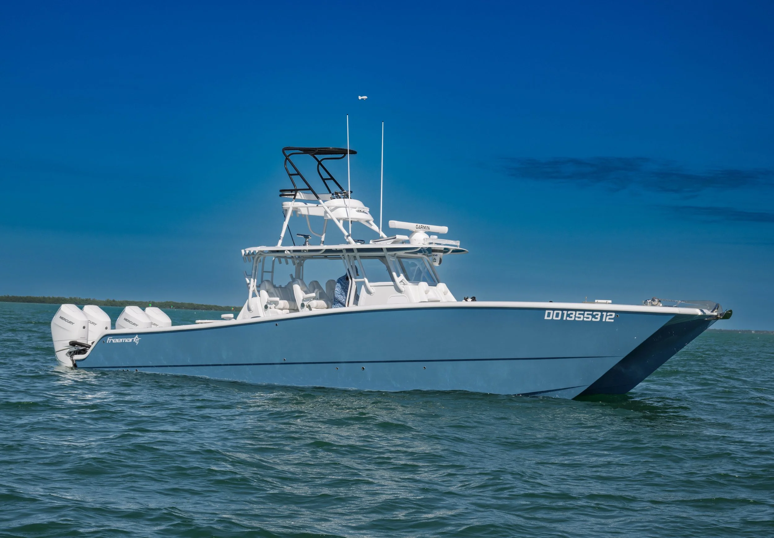 A white and blue motorboat floating on calm water under a clear blue sky with few clouds.