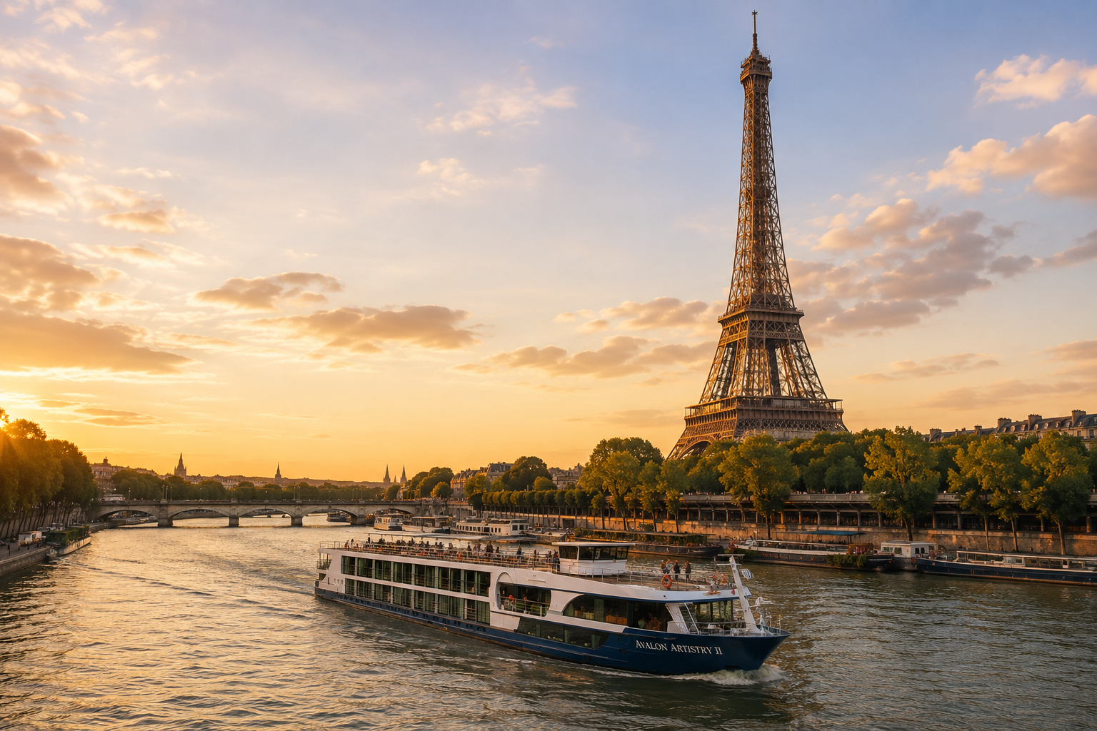 Avalon Artistry II sailing down the Seine with the Eiffel Tower in view