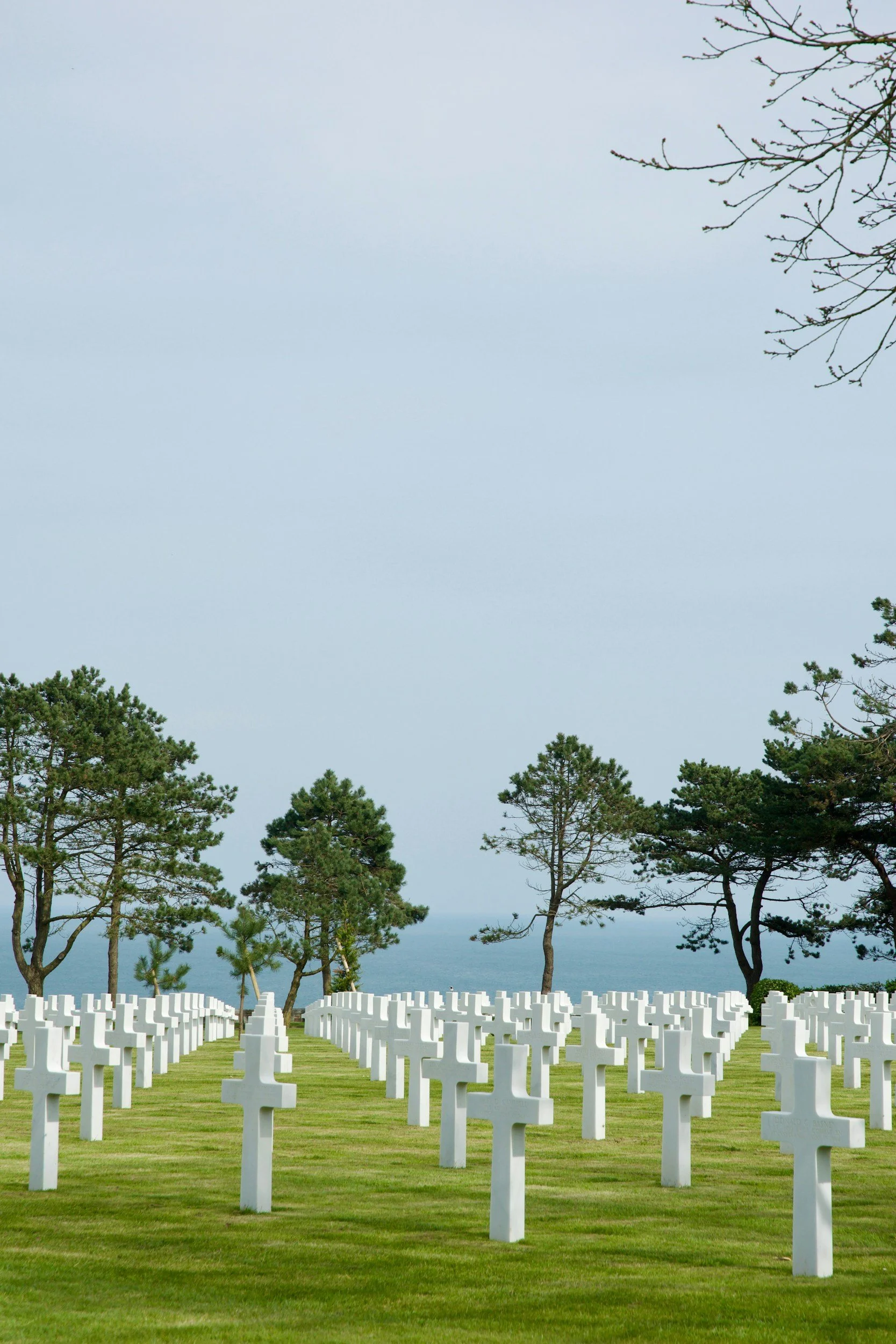 Rows of white crosses at the Normandy American Cemetery overlooking Omaha Beach