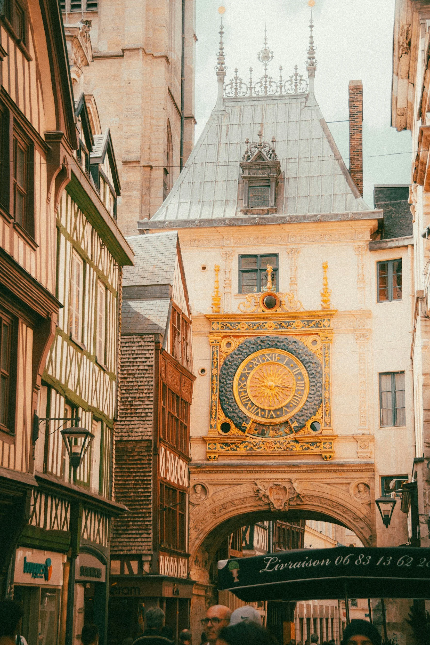 Half-timbered houses and the Gros Horloge astronomical clock in Rouen's medieval quarter