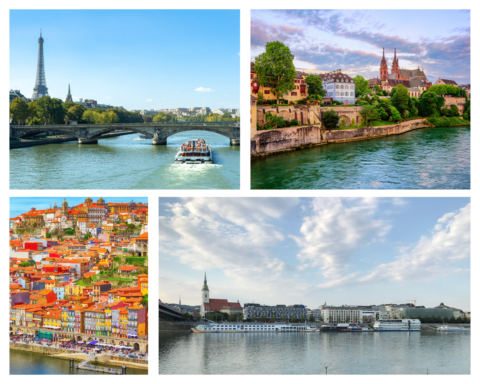 a collage of european river cities to see on a river cruise