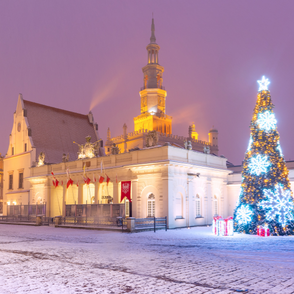 Night image of Christmastime in Old Town Poznan, Poland