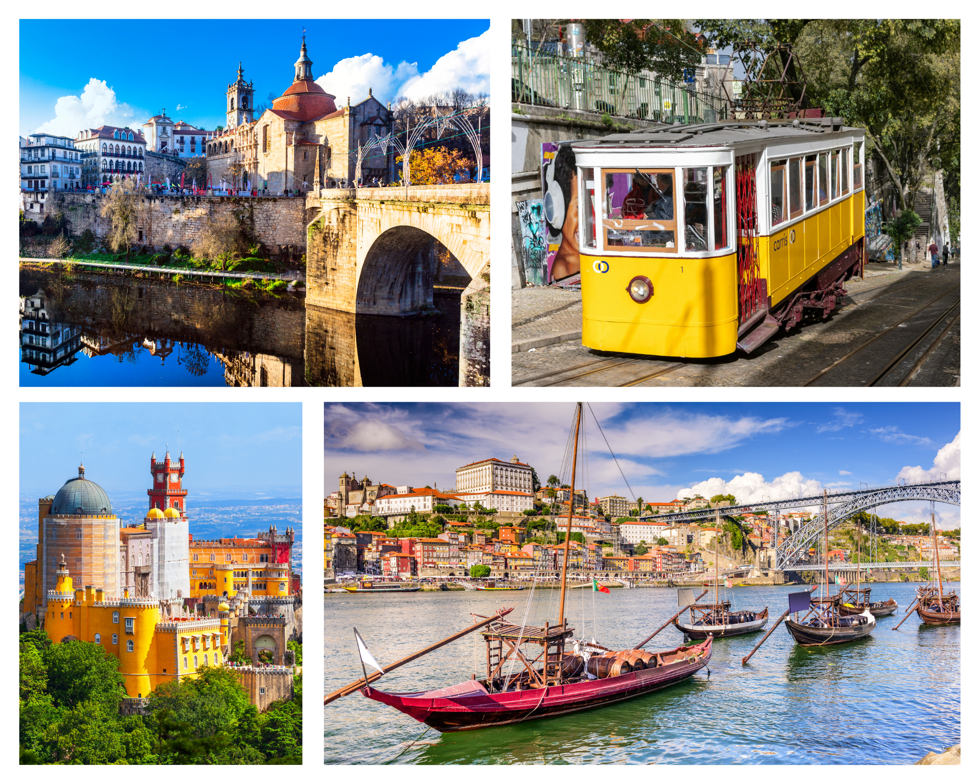 a collage of photos of Portugal including, Pena Palace, the Douro River, and the Historic Funiculars