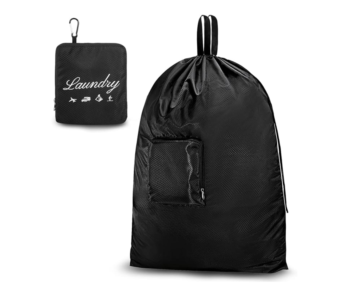 a black, compact laundry bag for travel.