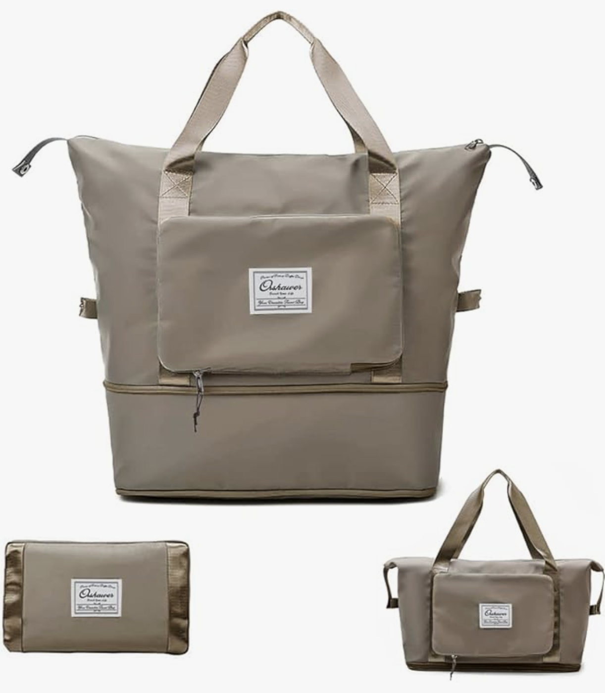 Beige tote bag that can be collapsed down into three different size options for easy travel packing