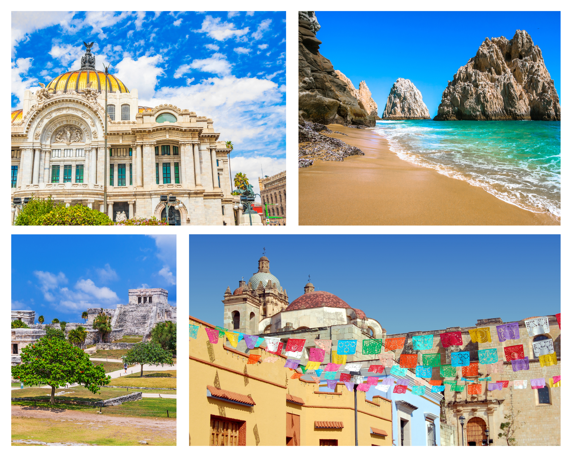 a collage of different places to visit in mexico including mexico city, cabo san lucas, oaxaca, and tulum.