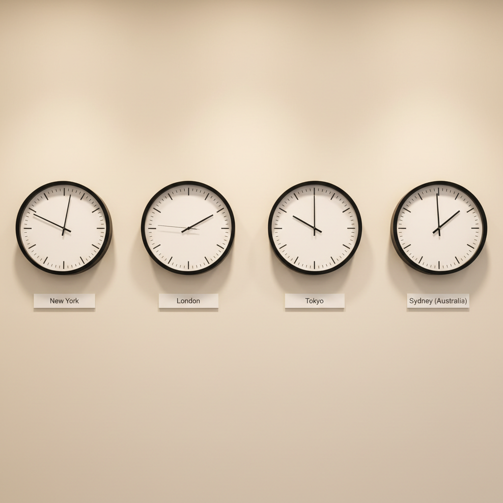 four clocks on a white wall all displaying different times (new york, london, tokyo, and sydney)