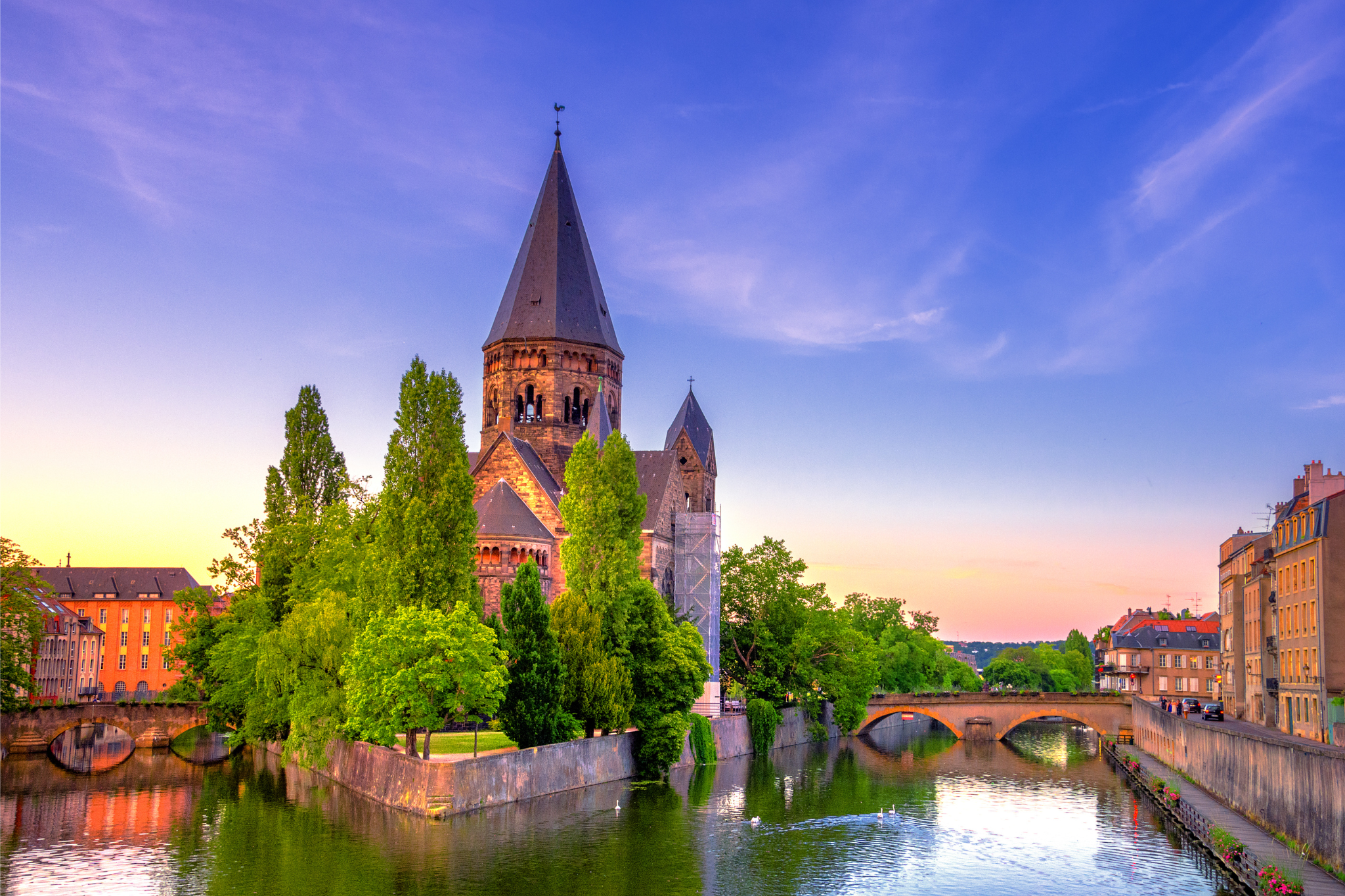 View of the Temple Neuf on the Moselle River, Lorraine, France.