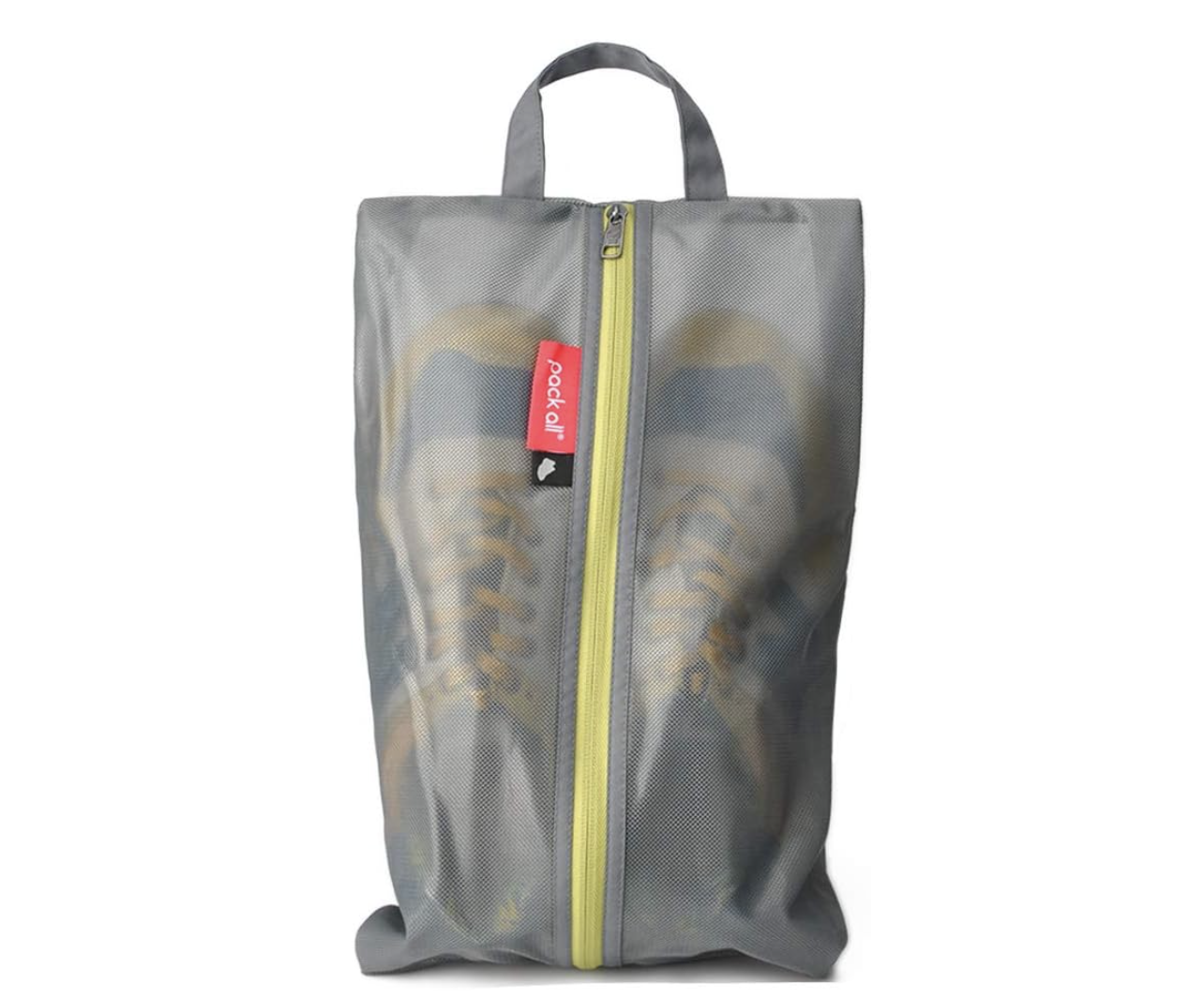 a gray, waterproof shoe bag for luggage.