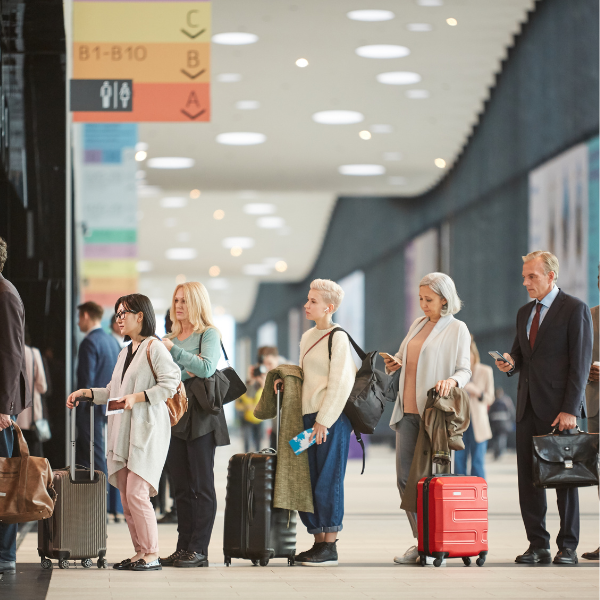 people waiting in a long line at the airport