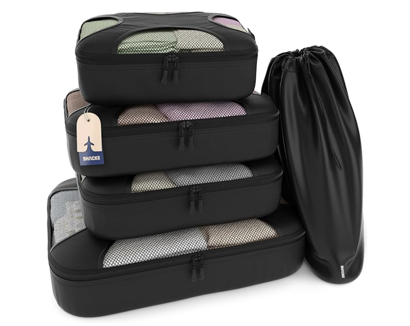 a set of 4 stacked black packing cubes with a black draw string laundry bag.