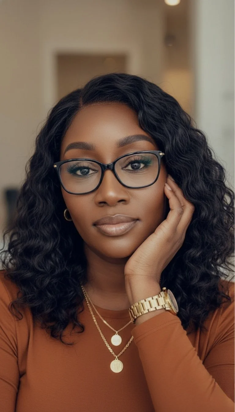 Close-up portrait of a woman with curly black hair wearing glasses, gold jewelry, and a rust-colored top, resting her face on her hand.
