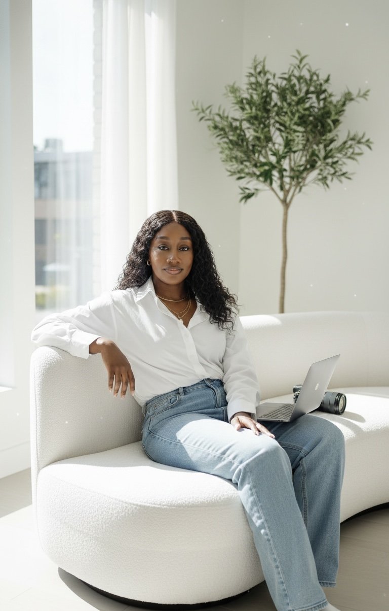 A woman sitting on a white sofa in a bright room with a laptop, a camera, and a potted plant behind her.