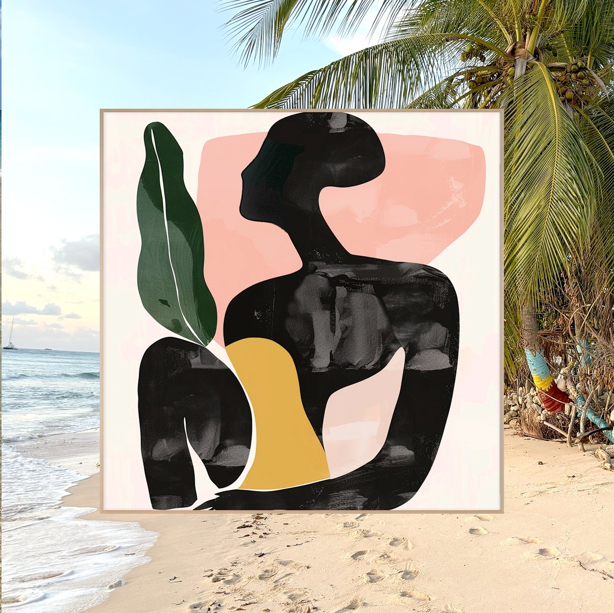 Abstract art silhouette with colorful shapes on a beach background, featuring palm trees and ocean waves.