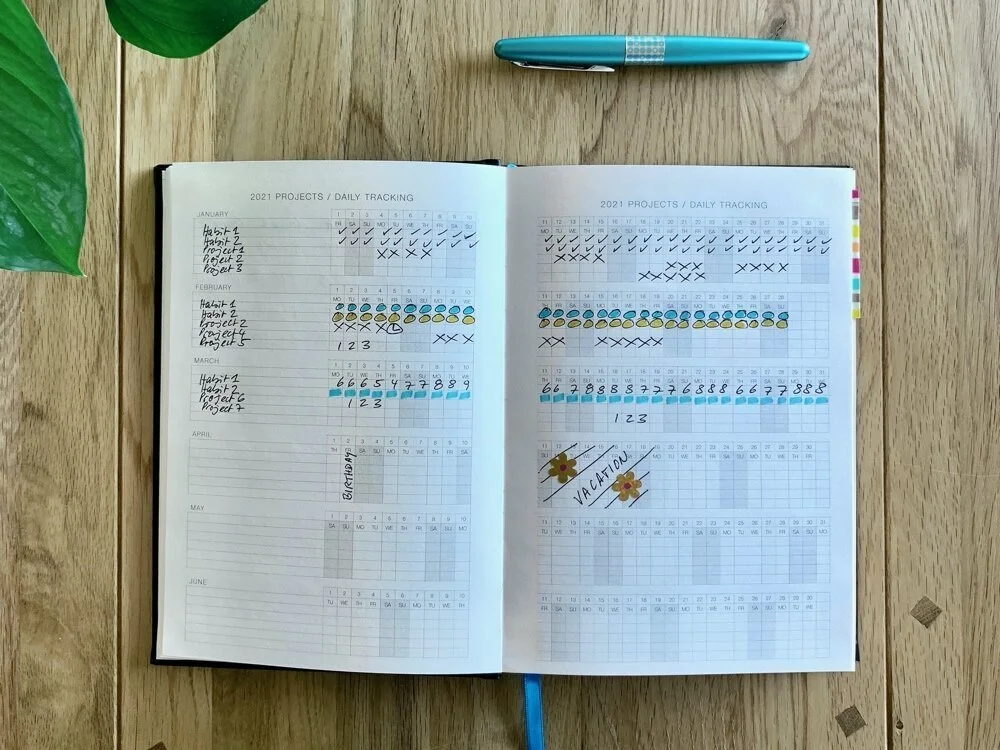 Photo of the Eule Planner and the 2-page tracking spread