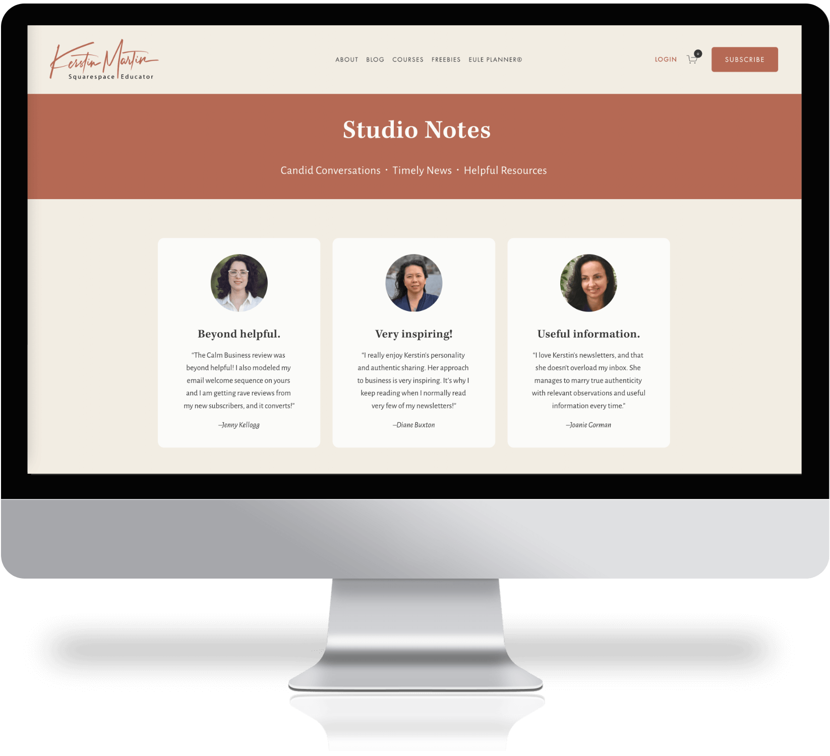 Image of a computer mockup showing Kerstin Martin's Studio Notes newsletter page