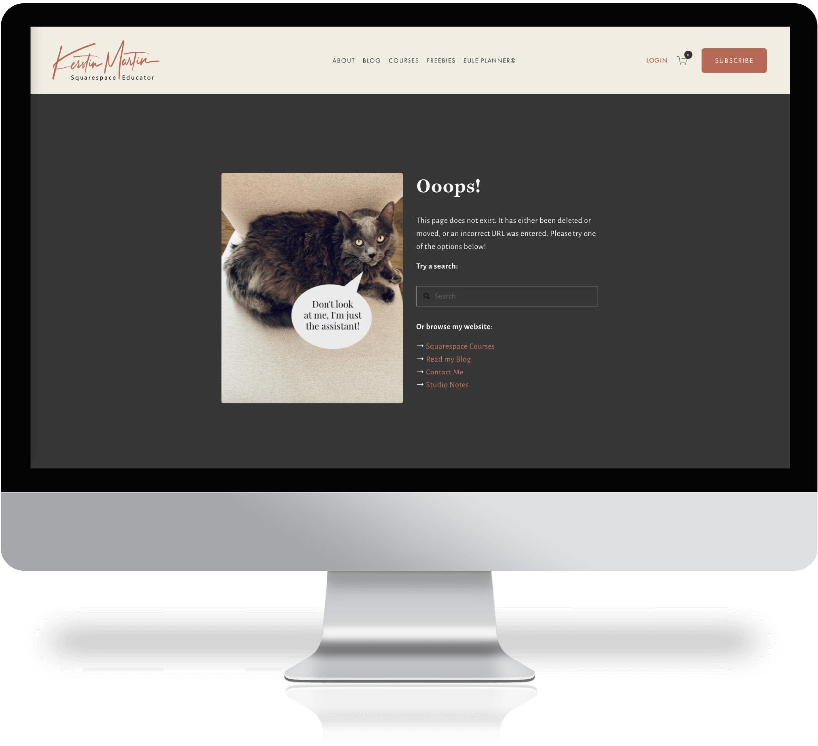 Image of a computer mockup showing Kerstin Martin's Custom 404 page