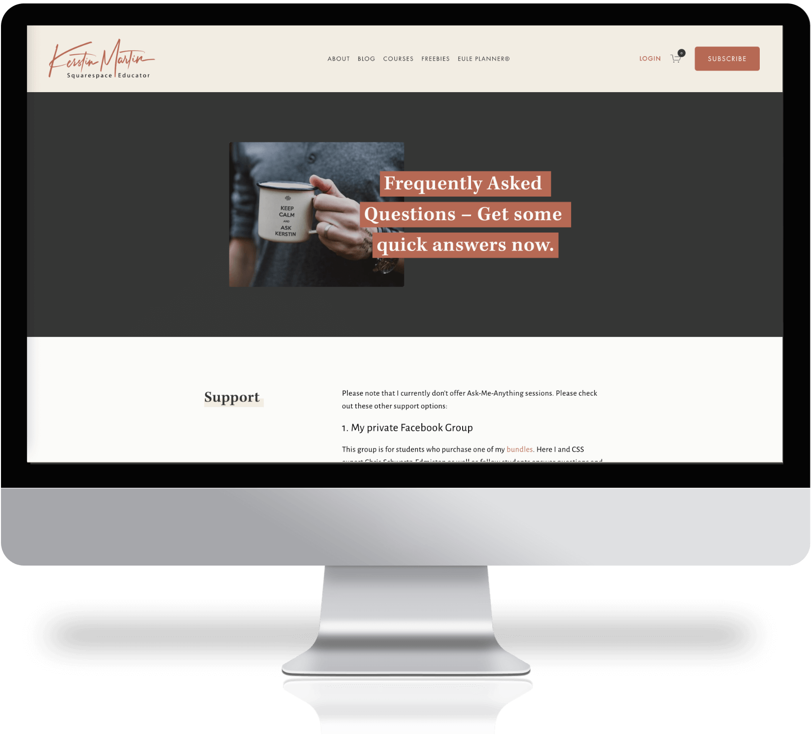 Image of a computer mockup showing Kerstin Martin's FAQ Page