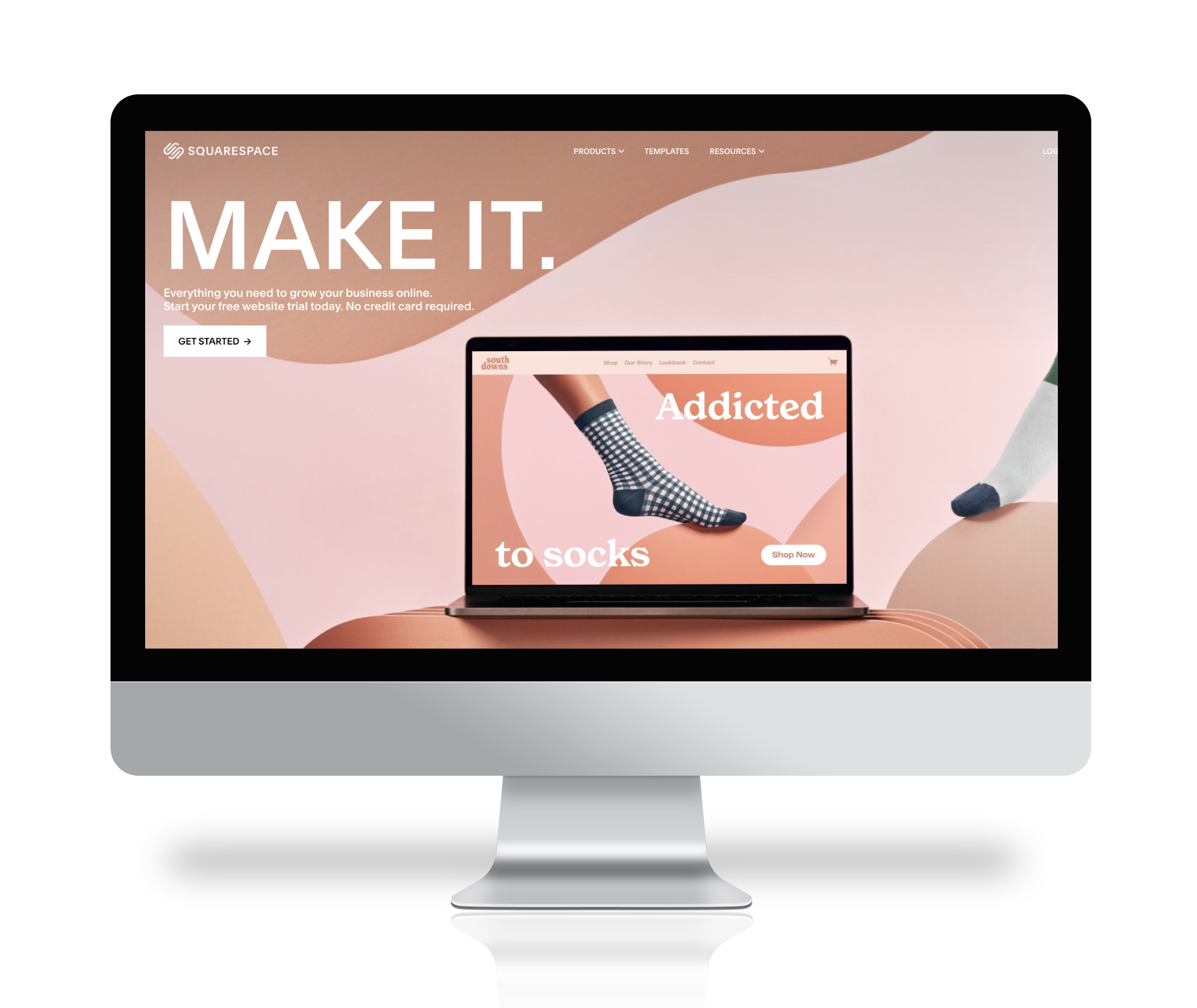 Image of a computer mockup showing the Squarespace homepage