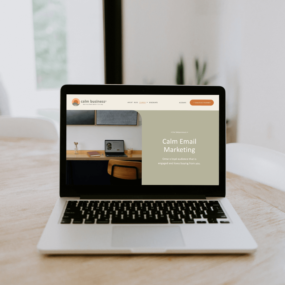 Photo of a laptop showing the sales page for Kerstin Martin's Calm Email Marketing course