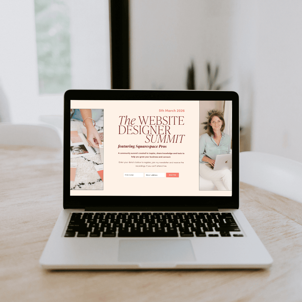 Photo of a laptop mockup showing Liz Ellery's Designer Summit 2026