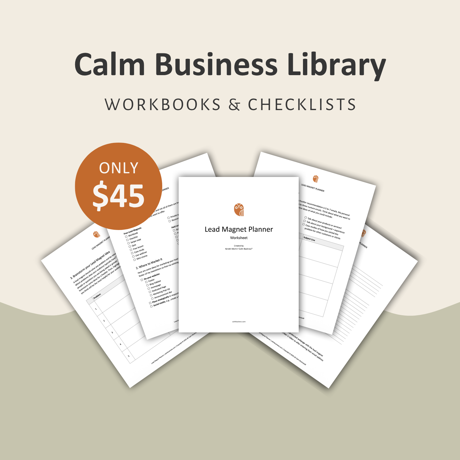 Graphic image for Kerstin Martin's Calm Business Library showing pages of the Lead Magnet Planner