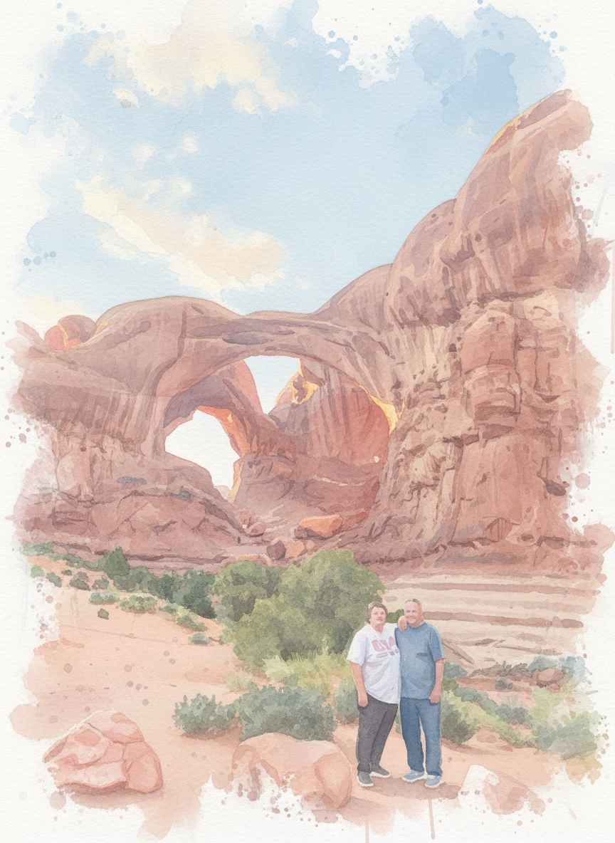 A watercolor-style painting of a desert landscape with large rock formations and natural arches, with a couple standing in the foreground.