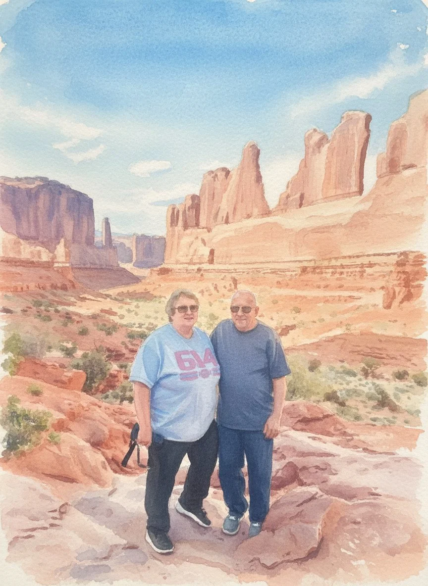 A watercolor-style painting of a couple standing in a desert landscape with large red rock formations and cliffs in the background under a blue sky.
