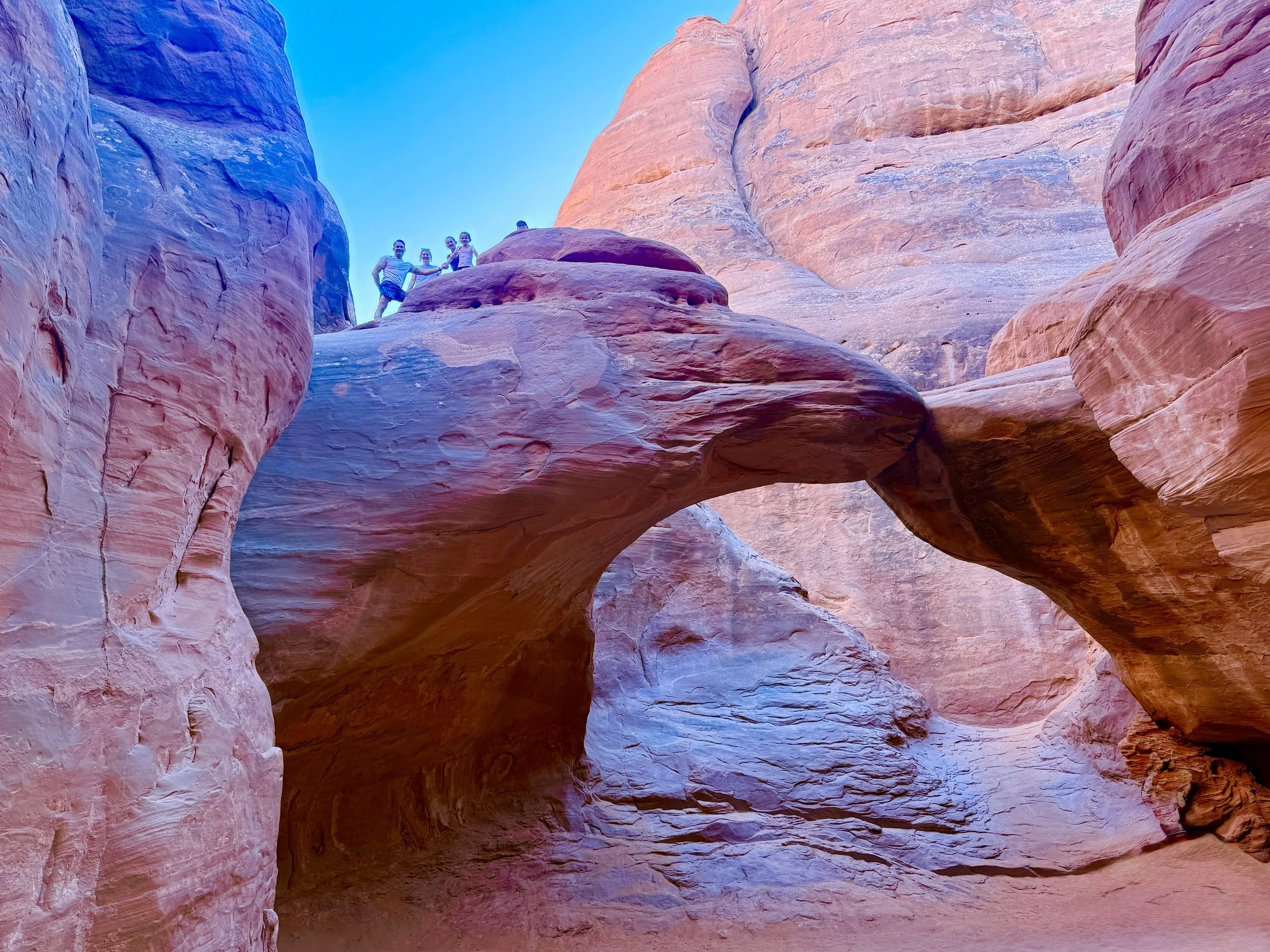 Four people standing on a rock formation in a canyon with multicolored sandstone walls and a clear blue sky.