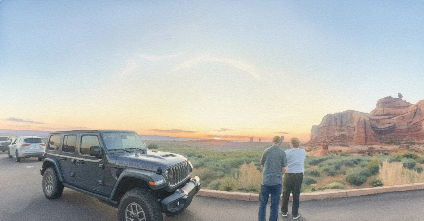 Two men stand near a vehicle in a desert landscape at sunset, with red rock formations in the background.