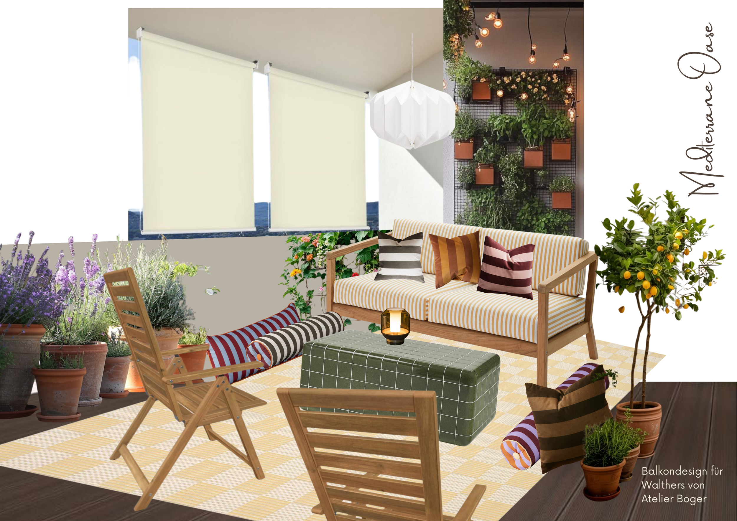 Balkondesign mit Möbelempfehlungen, Sonnenschutz, Lichtkonzept und Pflanzkonzept