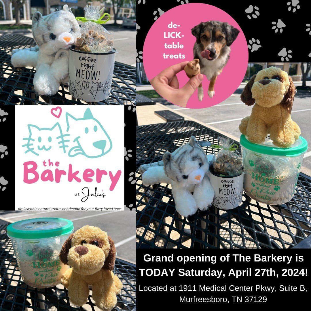 It's finally here!! The grand opening of The Barkery at Julia's is today!! Come see us from open to close at Julia's Homestyle Bakery 1911 Medical Center Pkwy, Murfreesboro, TN 37129!  We will have treats galore, for dogs and humans! Make sure to sto