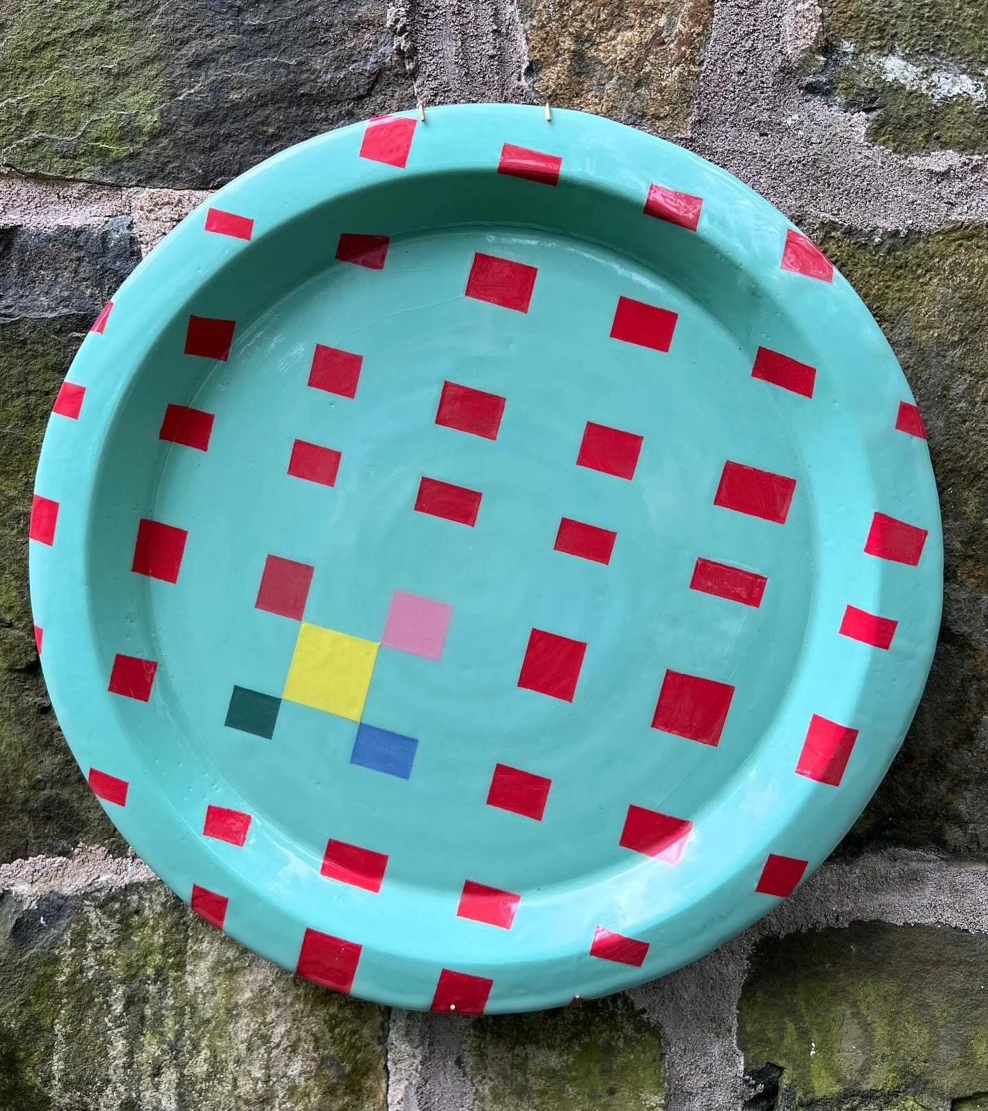 Feeling dishy: 14&rsquo; serving platter in sage with optical pattern glaze. Stoneware, dishwasher safe. #eastrockceramics #studiopottery #tableware #dinnerware #pottery #ceramics