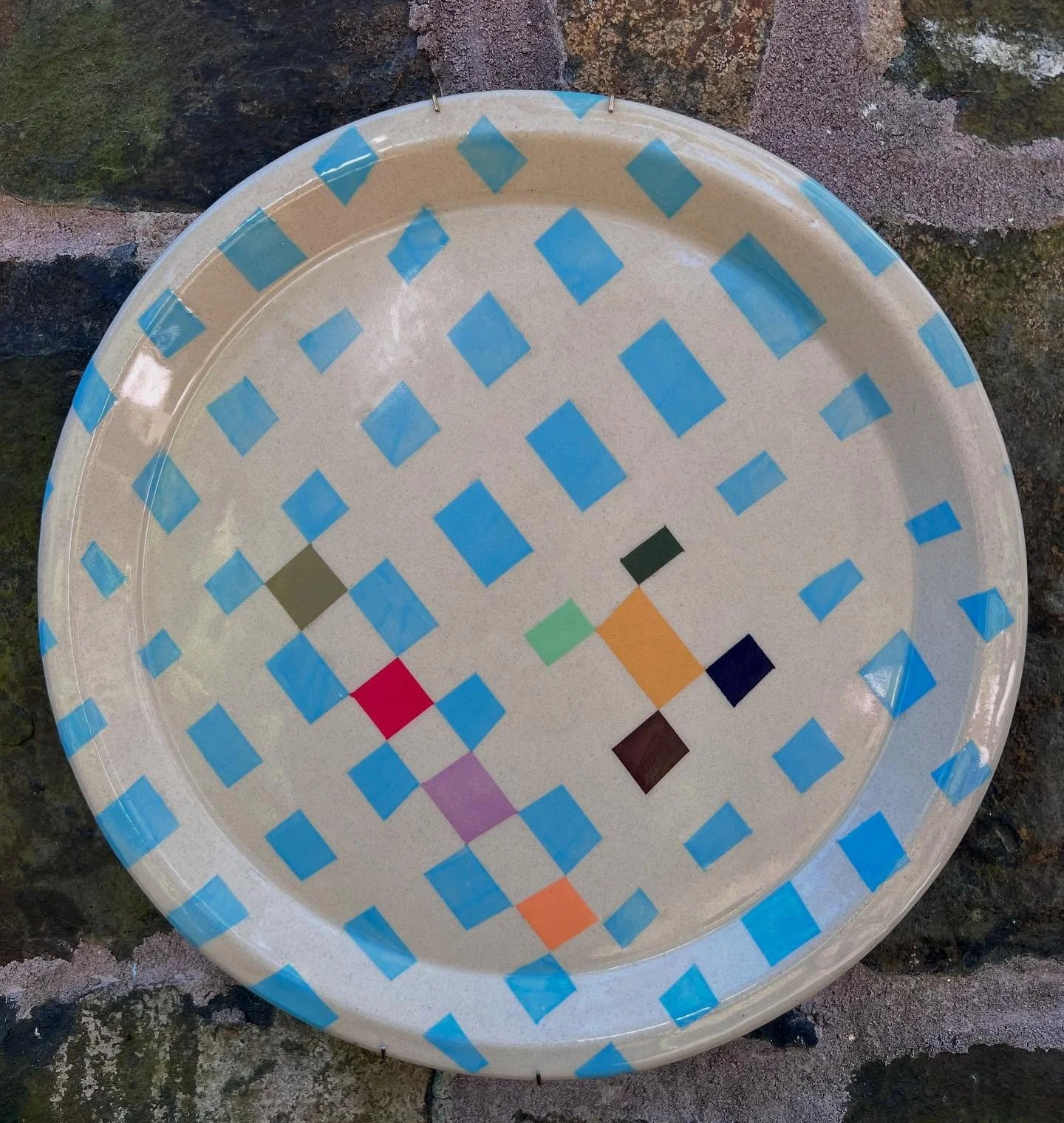 Another dish, another day: 14.5&rdquo; serving platter blue and cream optical pattern. #eastrockceramics #studiopottery #dinnerware #tableware #pottery