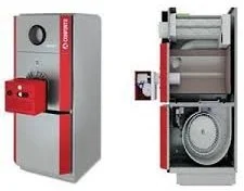 Side view of a red and gray industrial or medical sterilization device, with the front panel open revealing internal components.
