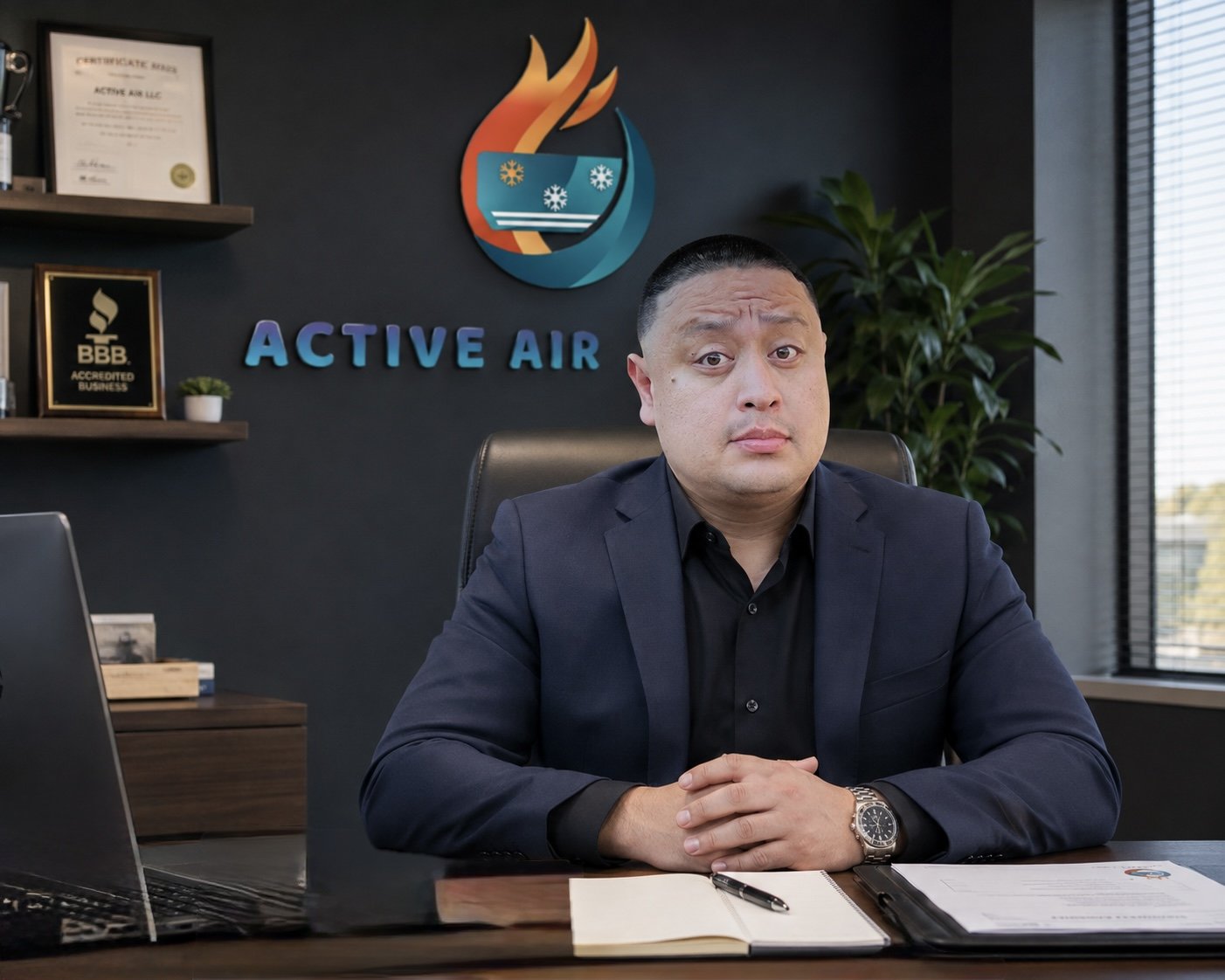 Man in business suit sitting at his desk in an office with a logo that says 'Active Air' on the wall behind him.