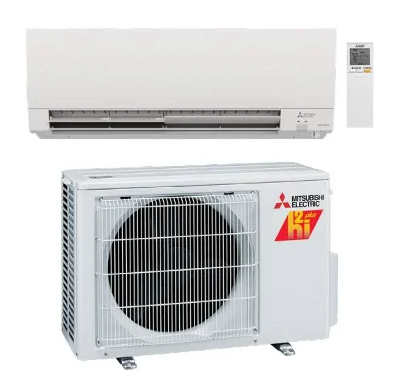 A split air conditioning unit with indoor and outdoor components. The indoor unit is white with a remote control beside it, and the outdoor unit is also white, featuring a fan and Mitsubishi Electric logo.