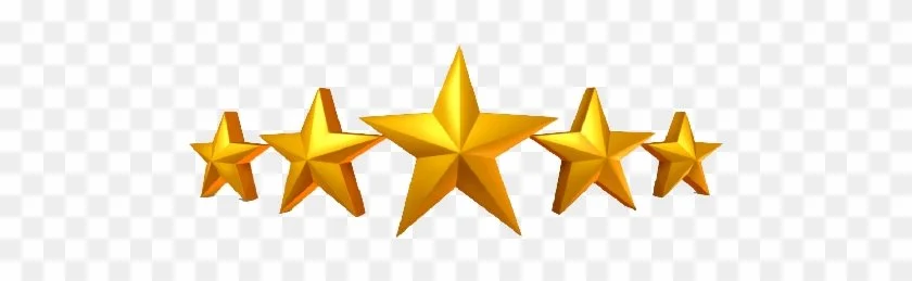 Five gold 3D stars of varying sizes aligned in a row on a transparent background.