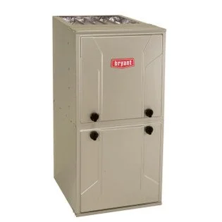 Bryant outdoor air conditioning or heating unit with gray metal cabinet and red Bryant logo.